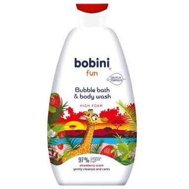 BOBINI vonios putos ir kūno prausiklis vaikams Braškių Fun Bubble, 500 ml BOBINI vonios putos ir kūno prausiklis vaikams Braškių Fun Bubble, 500 ml