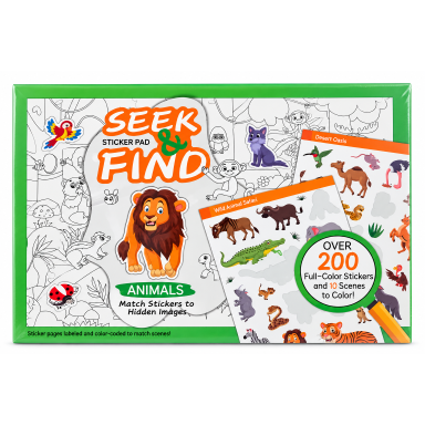 Lipdukų ir spalvinimo knygelė „Seek & Find – Animals“, daugiau nei 200 lipdukų Lipdukų ir spalvinimo knygelė „Seek & Find – Animals“, daugiau nei 200 lipdukų
