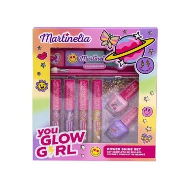 MARTINELIA rinkinys vaikams Supergirl Power Shine (4 lūpų blizgesiai, akių šešėlių paletė, 2 nagų lakai)