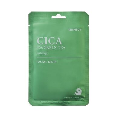 SKIN627 lakštinė veido kaukė raminamoji su cica ir žaliąja arbata, 22 ml SKIN627 lakštinė veido kaukė raminamoji su cica ir žaliąja arbata, 22 ml